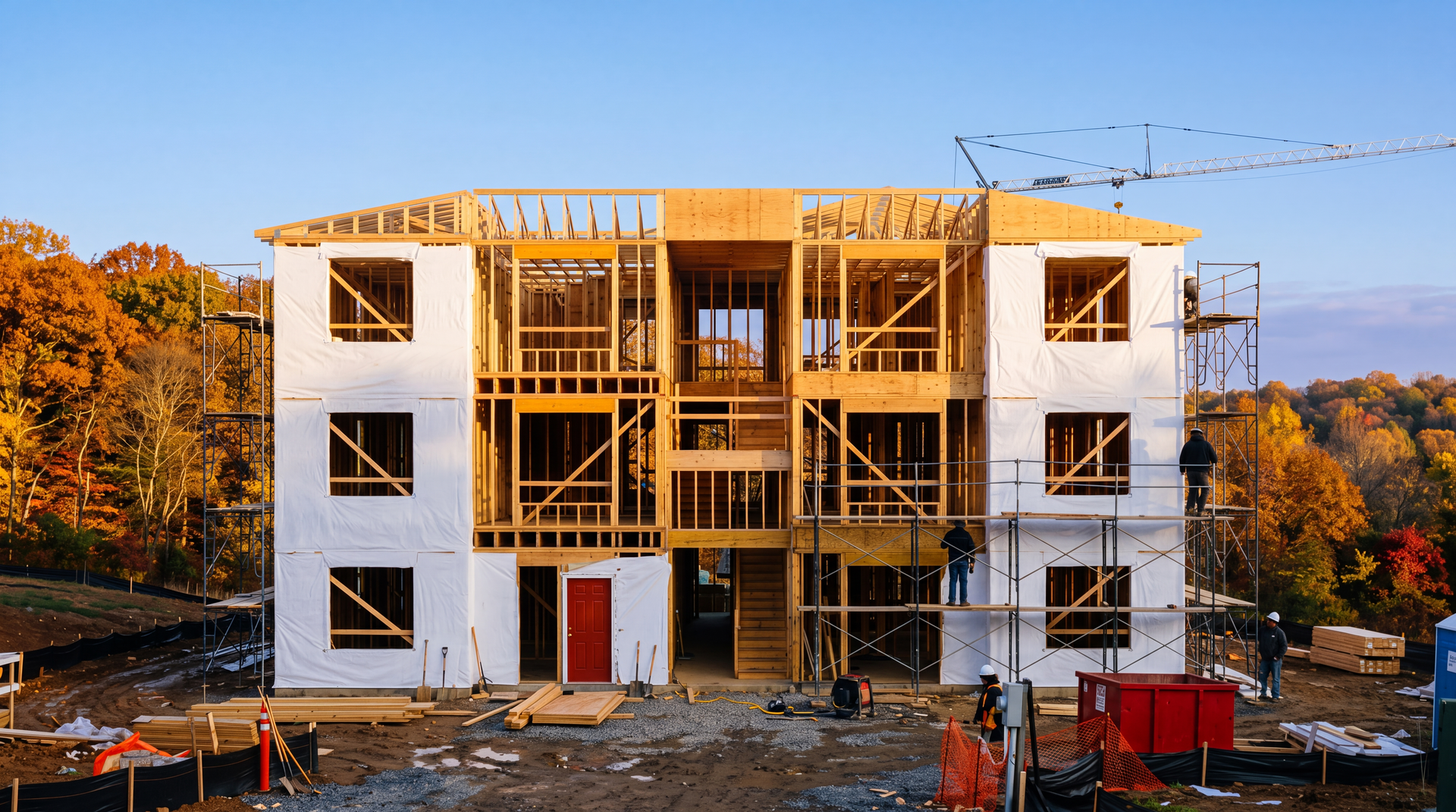 A wood-frame garden apartment building under construction, wrapped in house wrap and scaffolding