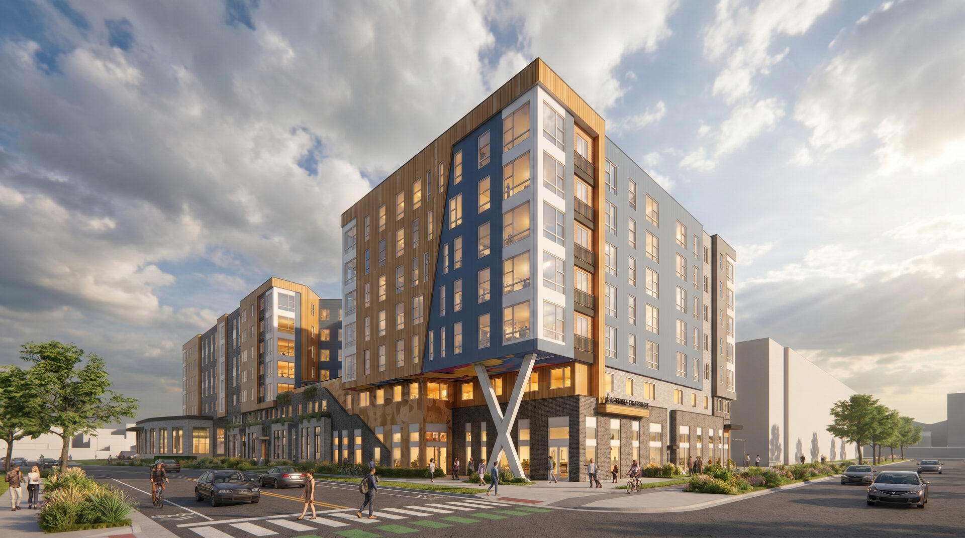 Columbia Crossroads, Falls Church, VA — architectural rendering of the seven-story building at a street corner, with a crosswalk and cyclists