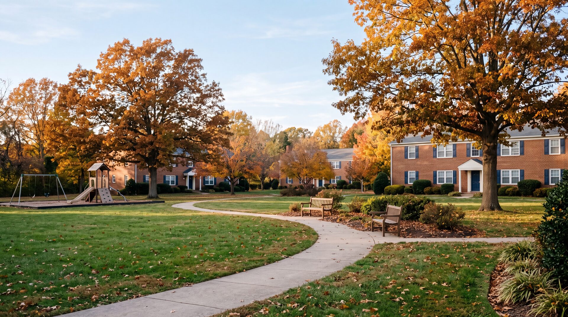 A park green at a brick garden-apartment community, a curving walking path, two benches and a playground under autumn oaks