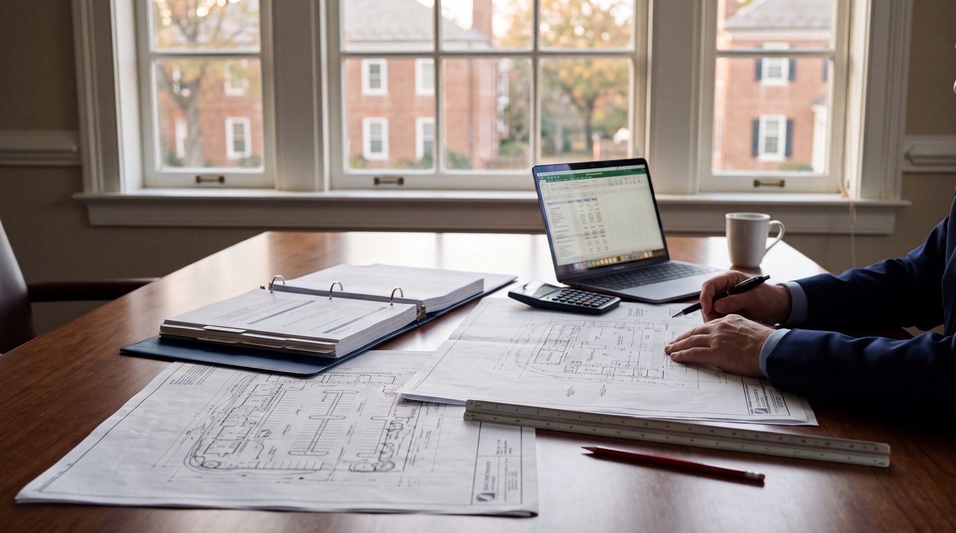 Site plans, an application binder and a laptop spreadsheet spread across a conference table beside a window onto red-brick Virginia buildings