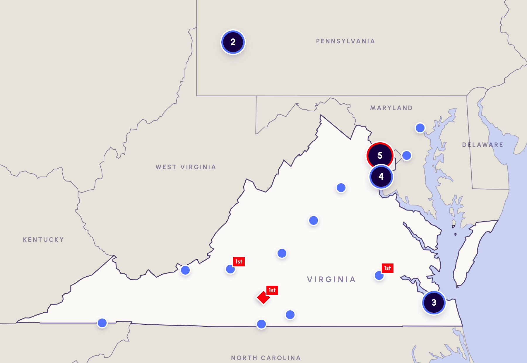 Map of Virginia and its neighboring states marking Gibson Spyre's projects: joint ventures in red across Northern Virginia and Gretna, consulting engagements in blue from Bristol to Hampton Roads, two in Maryland, and two in western Pennsylvania