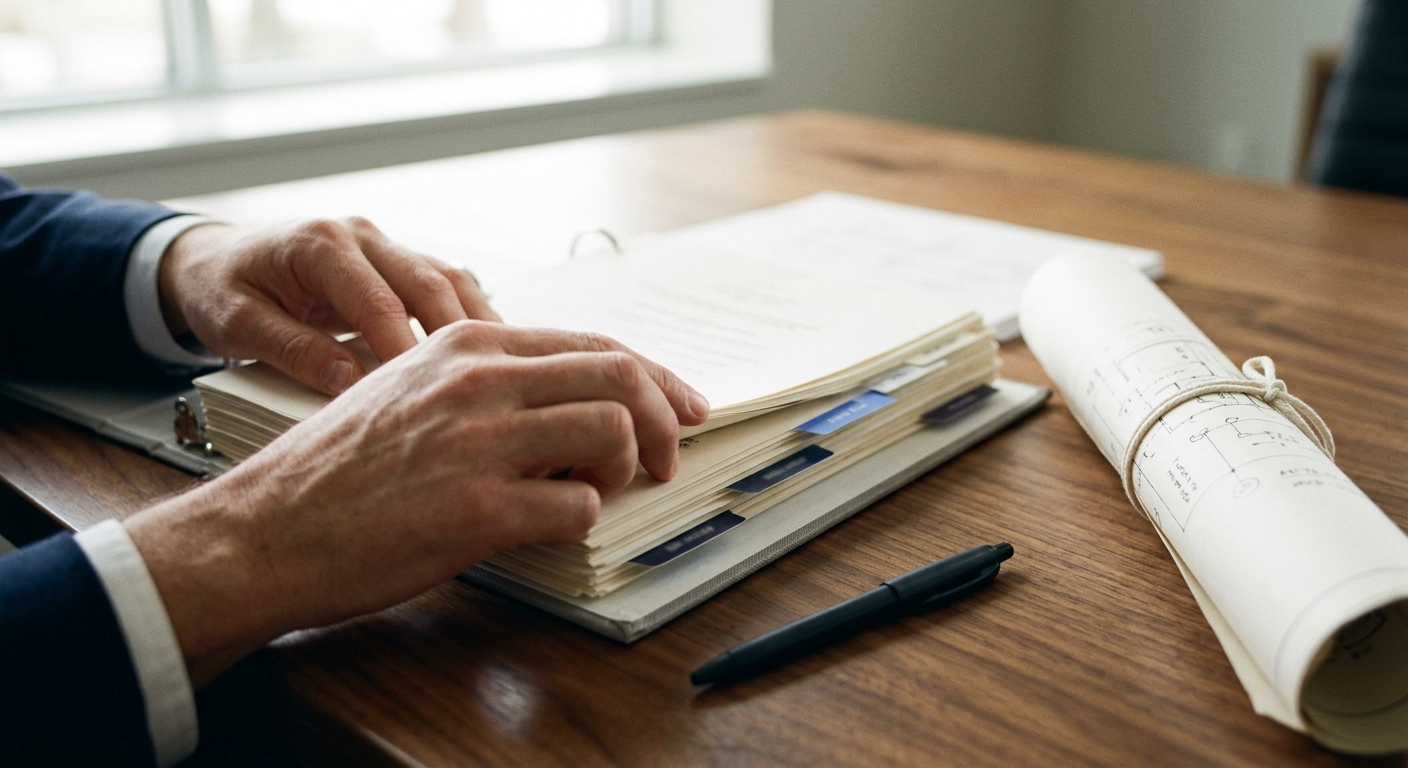 Hands turning the tabbed dividers of a thick application binder