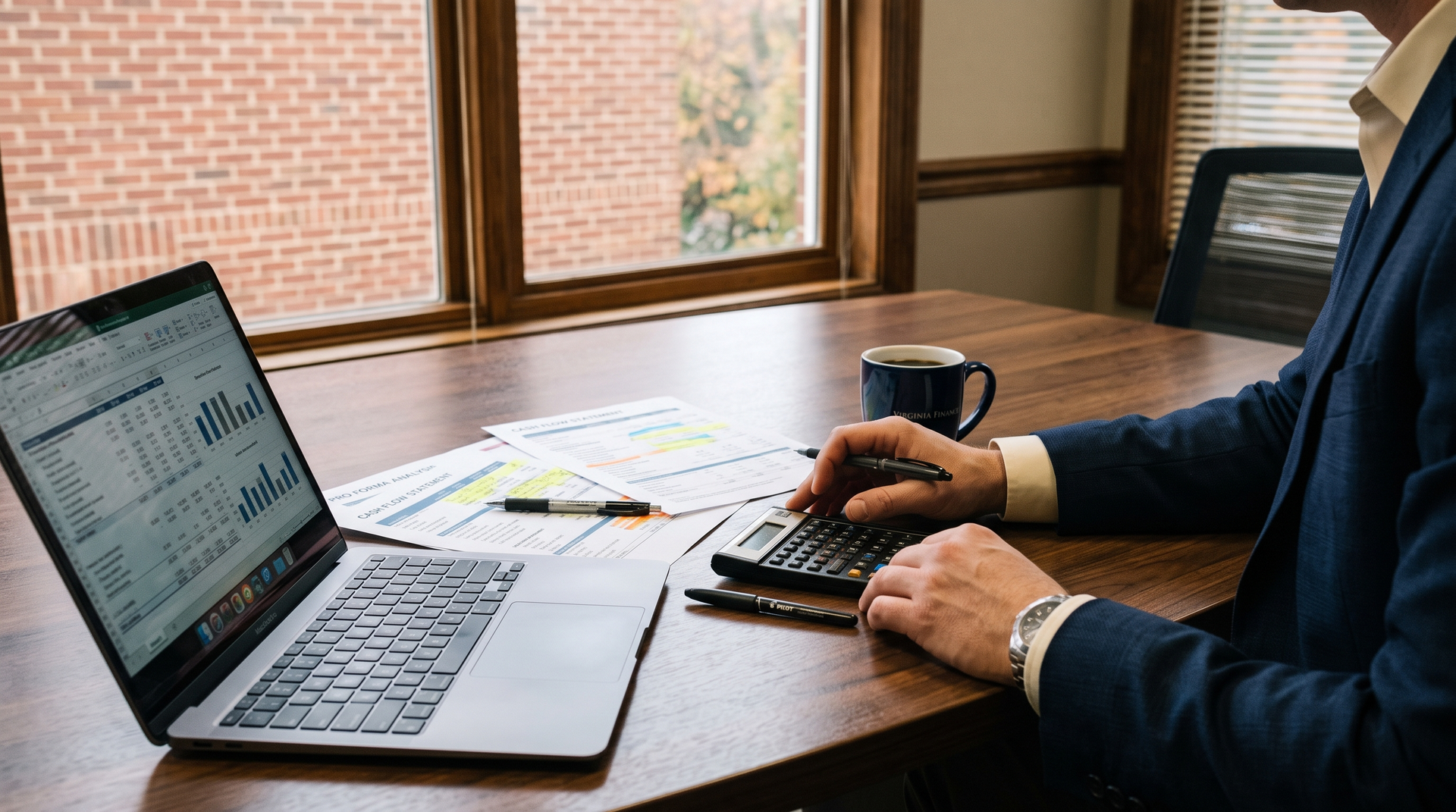 A consultant working through a pro forma on a laptop and calculator beside printed cash-flow pages