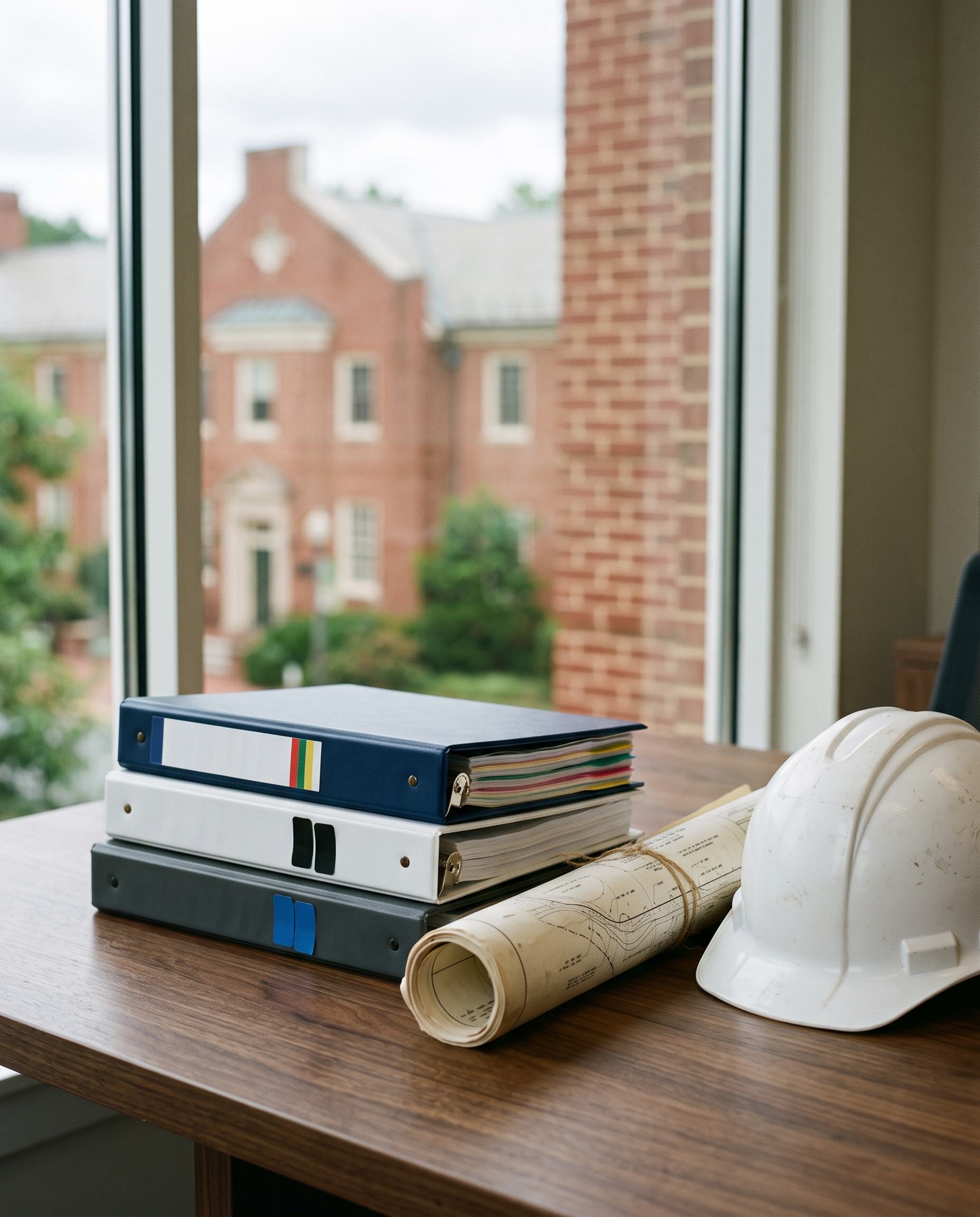Tabbed application binders, a rolled site plan and a white hard hat on a conference table by a window onto red-brick Virginia buildings