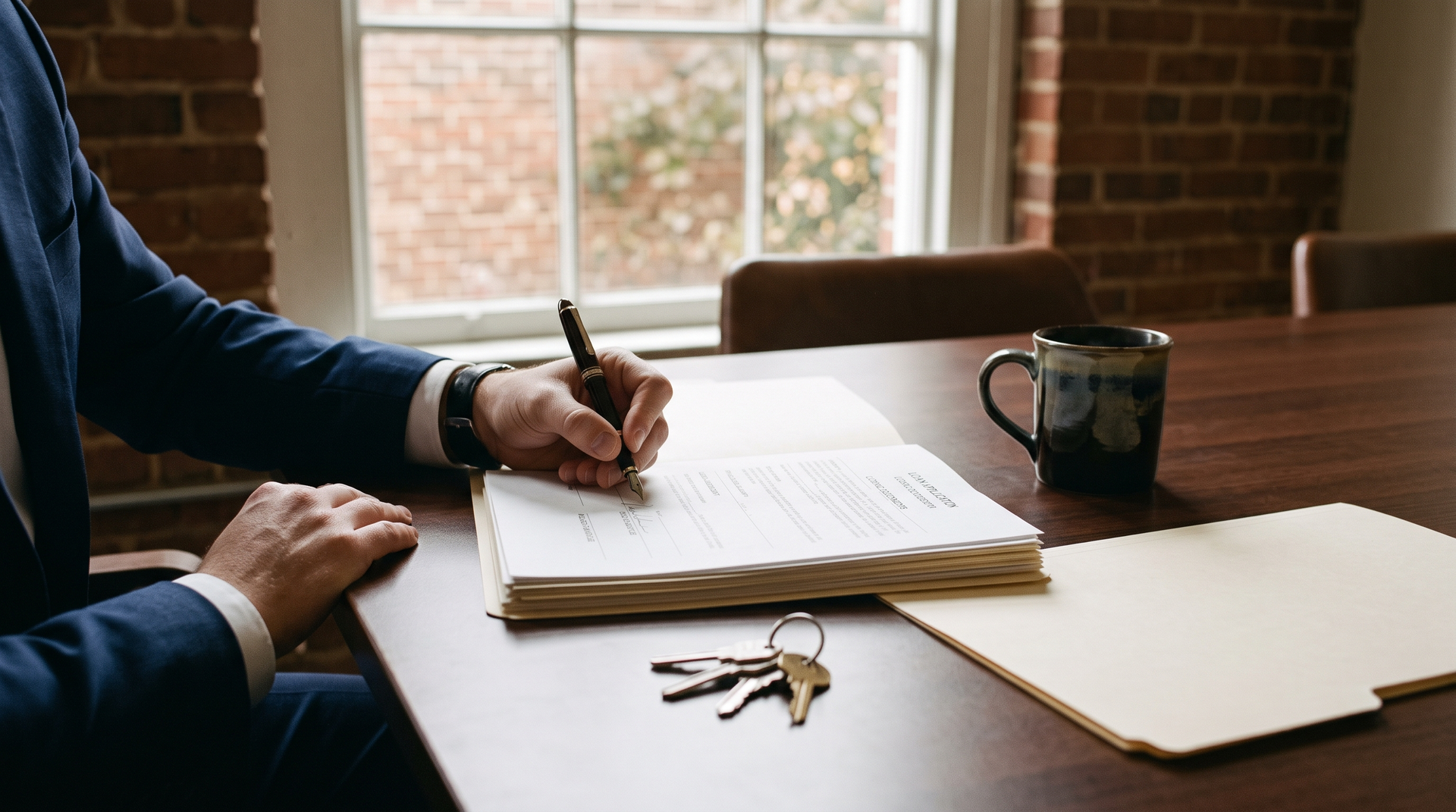 A hand signing a loan application beside a set of house keys on a wood conference table
