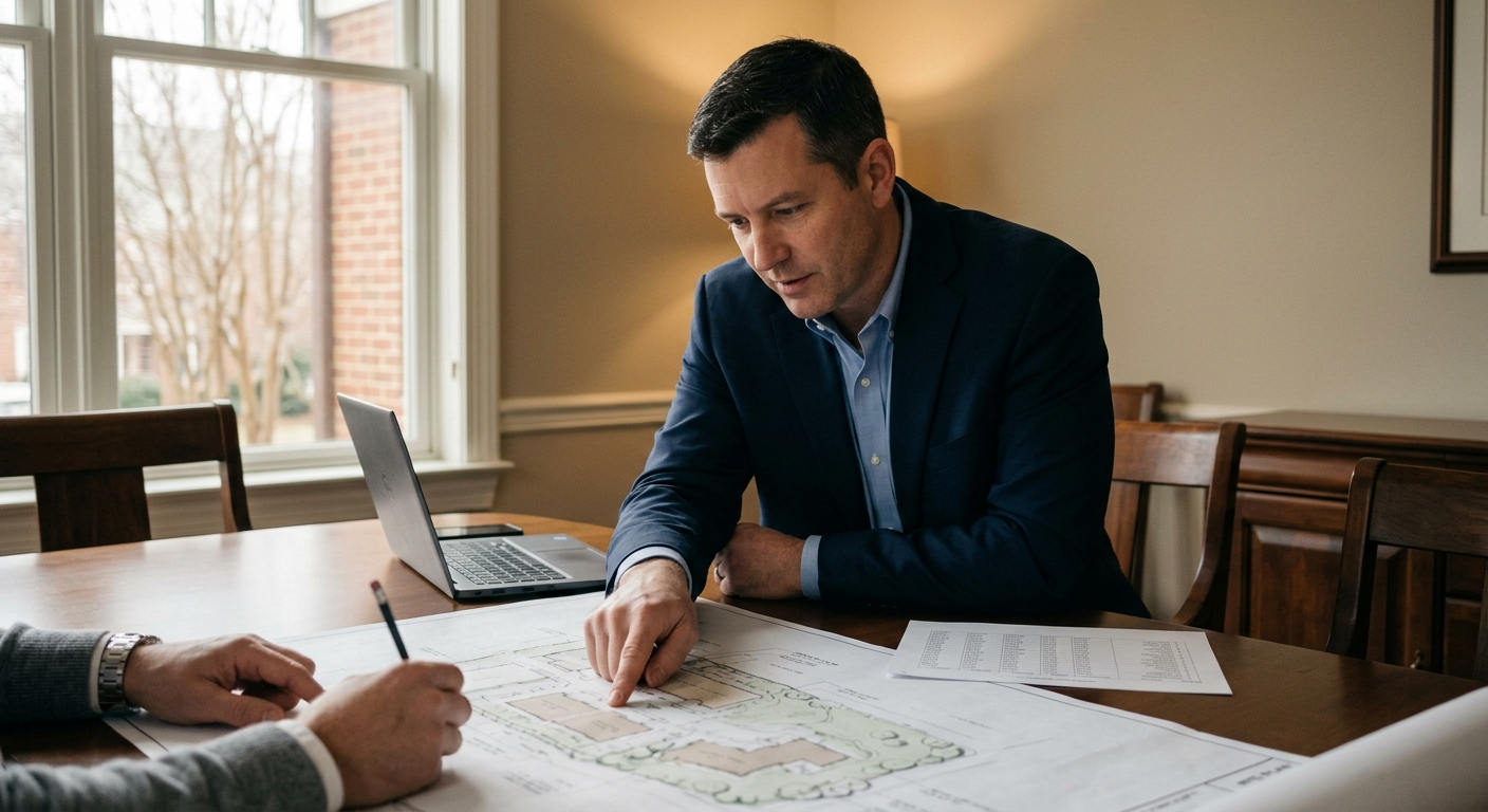A consultant marking up a site plan at a conference table