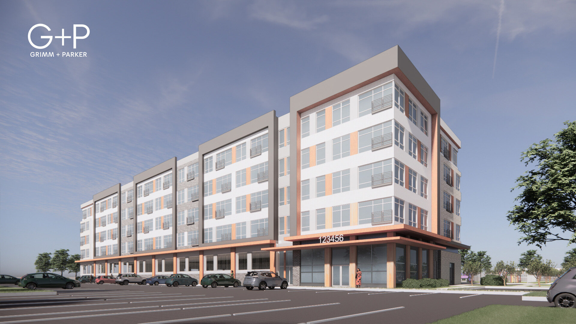 The Maple, Chantilly, VA — architectural rendering of a five-story apartment building at a street corner