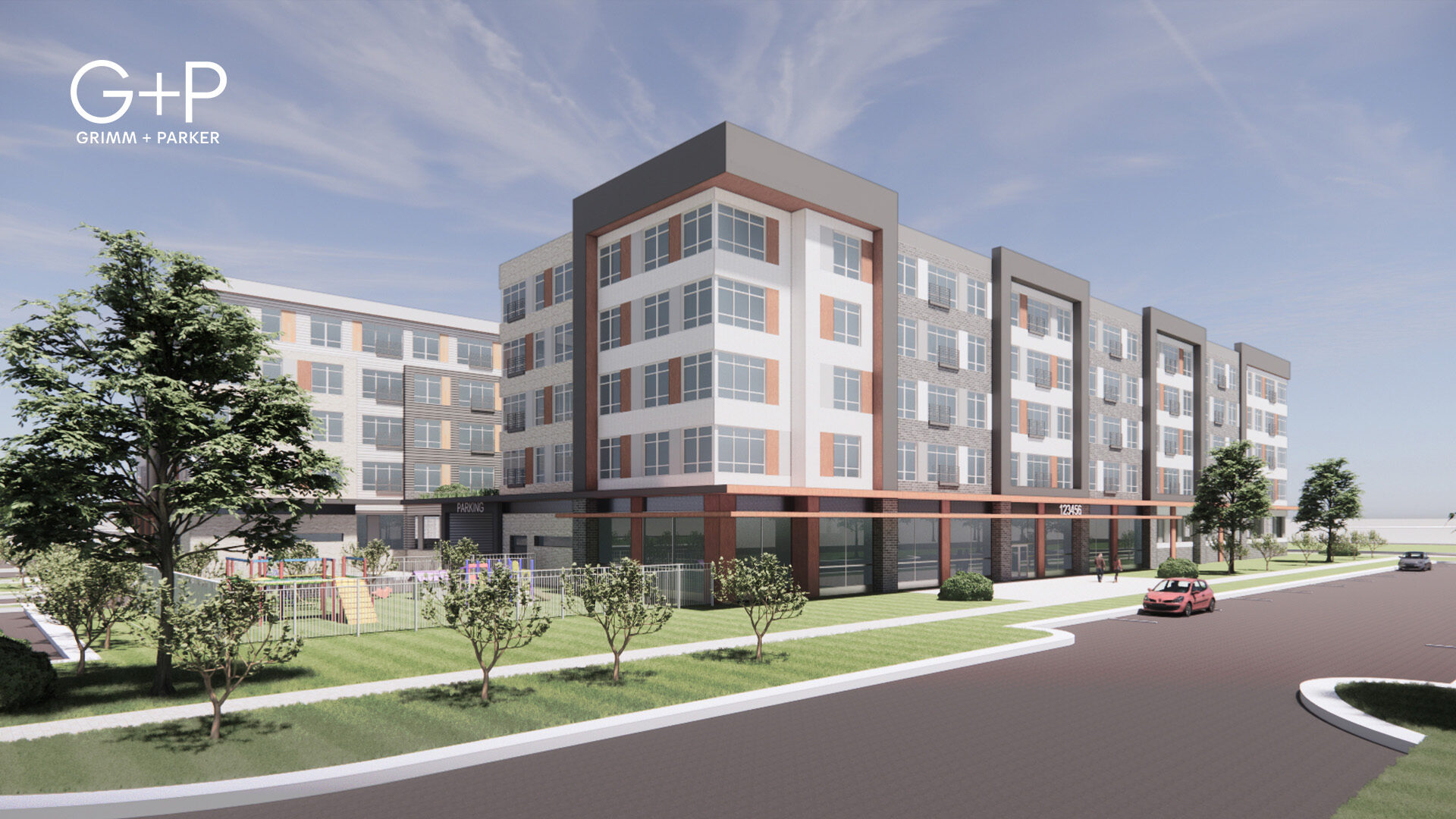 The Maple, Chantilly, VA — architectural rendering of the courtyard and playground side of the building